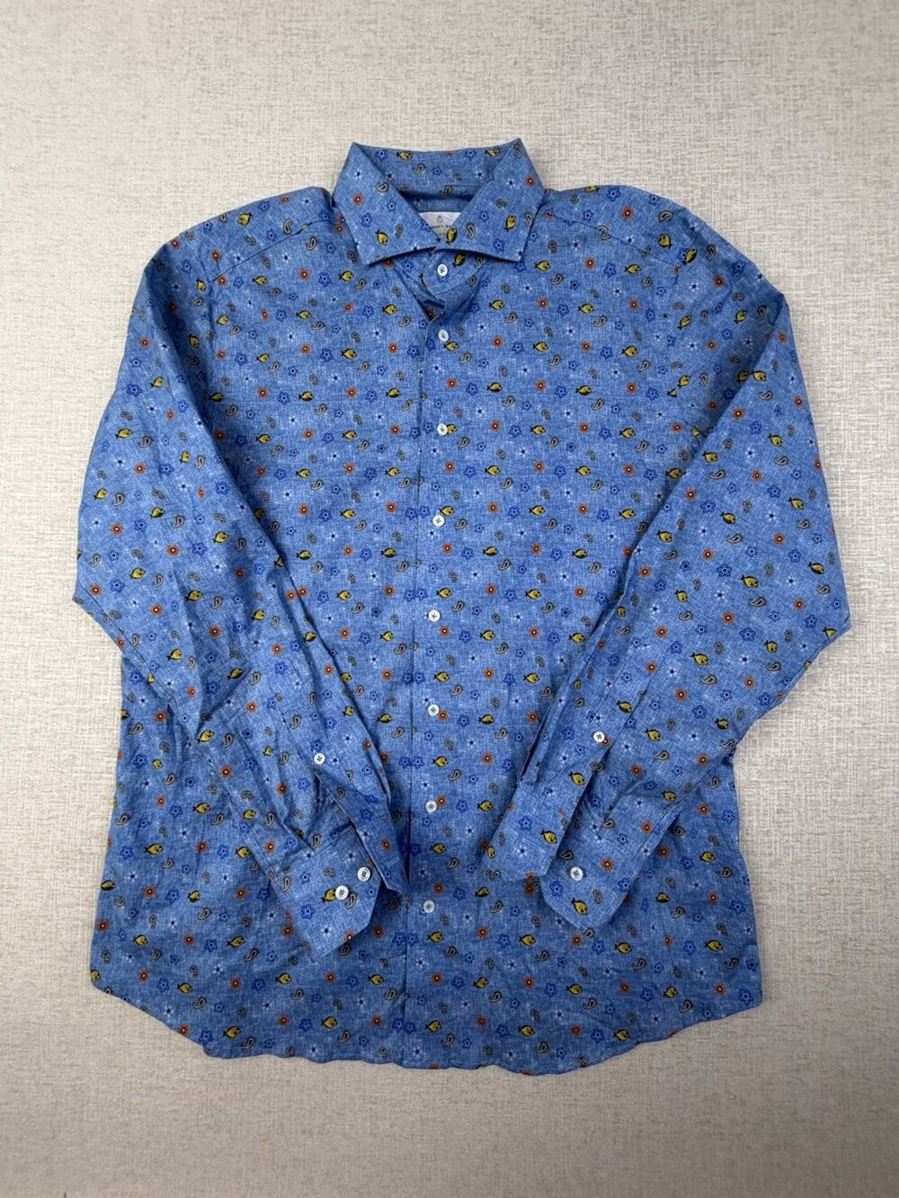 Emanuel Berg Modern Fit Men’s Blue Fish Floral Paisley Dress Shirt No Size